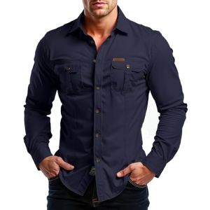 Misfuso Chemises Homme en Coton &agrave; Manches Longues Mod&egrave;le Randonn&eacute;e Style Cowboy Col Montant Tenue Tactique Usage Ext&eacute;rieur/Travail Look Safari Uni et D&eacute;contract&eacute; 2 Poches Bleu Marine XXL (Kuson, neuf)