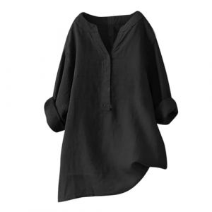 Top Femme Coton Grande Taille - Chemise Lin Femme Manches Longues Chemisier Col Montant Chemisiers Manches Enroulables Haut D&eacute;contract&eacute;s Top Ample V&ecirc;tements Couleur Unie Loungewear Outdoor Haut (Weiwei's small shop, neuf)