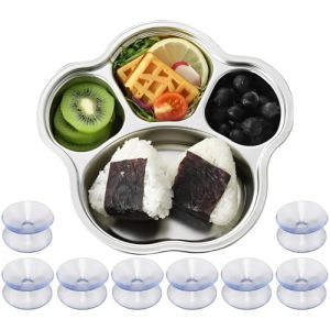 Guador Assiette Ventouse pour Bébé, Pattes de Chat Acier Inoxydable Enfants Vaisselles Assiette Bebe avec 4 Compartiments Assiette pour Bébé Vaisselle Bébé Avec 8 petites ventouses Réutilisable (Guador, neuf)