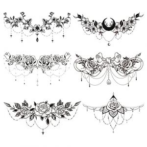 Lot de 6 feuilles de tatouages pour femme - Faux tatouages - Pour femme - Noir - Tatouage temporaire - Pour le ventre, la poitrine, la taille et le dos - Faux tatouages pour filles (Airmore, neuf)