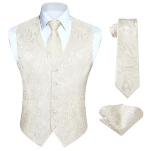 HISDERN Gilet Homme Paisley Gilet Costume et Cravate Poche Carr&eacute; Ensemble Mariage F&ecirc;te Affaires Beige XL (hisdern, neuf)