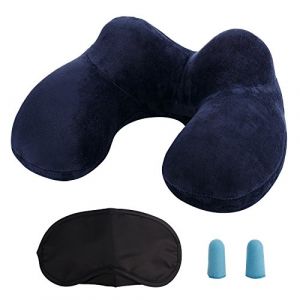 Oreiller de Voyage Gonflable avec Double Vanne, LUZWAY Coussin de Cou Gonflable de Velours Doux et Housse Lavable avec Bouchon d'oreille et Masque pour Les Yeux [Bleu] (MOCOCITO, neuf)