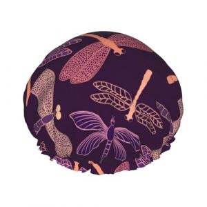 Bonnet de douche imperméable à bande élastique, bonnet de douche réutilisable à double couche pour femmes,Libellule violette (aysr.store, neuf)