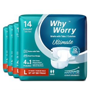 WhyWorry Ultimate Couches Adultes pour Fuite Urinaire Importantes, Changes Complets pour Incontinence, Culotte Absorbante Jetables pour Homme & Femme, Contr&ocirc;le des Odeurs, Unisexe, Taille L, 56 Unit&eacute;s (COCO HEALTHCARE, neuf)