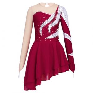 dPois Asymétrique Robe de Patinage Artistique Enfant Fille Paillettes Robe Danse Classique Manches Longues Brillant Strass Justaucorps Gymnastique Gym Ballet 5-16 Ans Rouge 13-14 Ans (dPois eu, neuf)