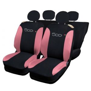 Rebeca Shop® Housses de siège auto compatibles avec Cinquecento 500, fabriqué en Italie, tissu polycoton, ensemble avant et arrière (noir/rose, arrière 50/50 avec logo) (Rebecashop, neuf)