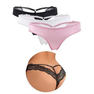 String Femme Sexy Chic Hot String Ficelle Ouvert Femme Sexy Grande Taille Tanga Coton Dentelle Culotte Fendue sans Couture Invisible sous Vetements Feminins Underwear Slips(XL, Noir+Blanc+Rose) (ohyeahlady, neuf)