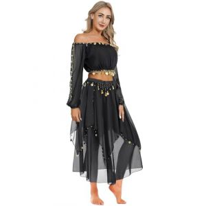 TTAO Costume Danse du Ventre Femme Robe Danse Orientale Haut de Dance Classique Manche Longue et Pantalon D&eacute;guisement Indienne Princesse Costume Carnaval Halloween Noir Taille Unique (TTAOSHOP EU, neuf)