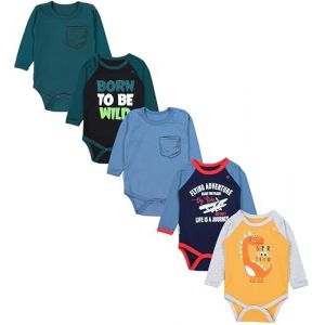 TupTam Body Bébé Garçon – Lot de 5 Bodies Bébé à Manches Longues, Coton OEKO-TEX, Bodies Bébé 0-3 Mois, Avion Bleu foncé WILD Noir Dino Jaune moutarde Bleu jean Vert pétrole, 74 (LotteStyle, neuf)