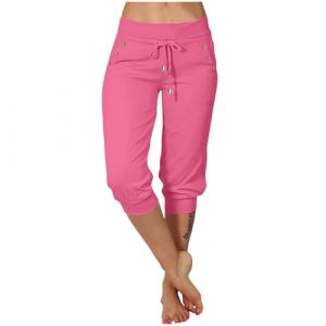 Legging court 3/4 d'été pour femme - Taille haute - Coupe ajustée - Couleur unie - Stretch - Respirant - Short de sport d'extérieur - Taille élastique - Avec cordon de serrage et poches - S-3XL, Rose (yysmgii, neuf)