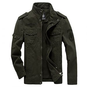 MERCIYD Blouson demi-saison pour homme, style militaire, col montant, blouson d'aviateur, d’armée, de campagne, bomber, en coton, multi-poches, Vert armée., L (LIIOO, neuf)