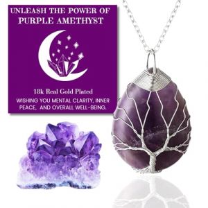 HALUKAKAH Cristaux Pierres Femme Collier Naturel Quartz Améthyste Violet Laiton Plaqué Platine Fil de fer Fait à la Main Arbre de Vie Enroulé En forme de goutte d'eau 3×4cm Pendentif avec Chaîne 50cm (Pozeti(eu), neuf)
