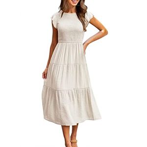 Yuson Girl Robe Longue Femme Ete Robe de Plage Boheme Casual Robe Maxi de Cocktail &eacute;l&eacute;gante Robe &agrave; Col Rond et &agrave; Manches Volant&eacute;es &eacute;lastique Taille Haute (Blanc, XL) (YusonGirl, neuf)