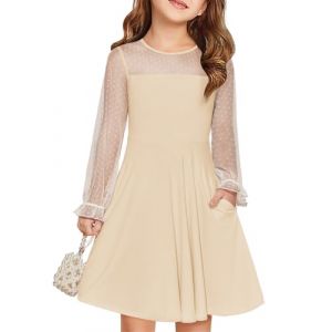 Haloumoning Robe de princesse festive pour fille - En maille contrast&eacute;e - Manches longues bouffantes - Robe d'&eacute;t&eacute; &eacute;l&eacute;gante - Ligne A - Col rond - Avec poches - Pour 6-14 ans, kaki, 7-8 ans (Zecio, neuf)