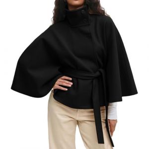 Cocila Ponchos à Manches Chauve Souris Pour Femmes Manteau En Laine Col Montant Ceinture Cape Veste D'hiver Courte Long Chic (Black L) Veste LéGèRe ÉTé Jean CintréE Vestes De (CHOHJIA, neuf)