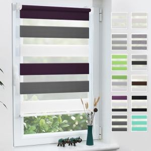 Grandekor Store Enrouleur Jour Nuit de Double Tissu - 70 x 120 cm (LxH) Blanc-Anthracite-Aubergine, Store Jour et Nuit sans Perçage, Accessoires d'installation Inclus pour Fenêtre ou Porte (HoHouse, neuf)