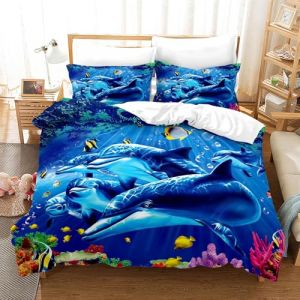 EHAOKK Parure de lit 3D avec housse de couette pour enfants - Motif dauphin, poisson tropical, corail, vie marine - Bleu (D, 200 x 200 cm) (jiejiahui237, neuf)