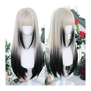 Perruque de Cheveux Perruque gris foncé dégradé argenté avec frange, perruque de cheveux longs et raides synthétiques for femmes, perruque lisse et droite for cosplay Halloween Perruques Femme (yangbieouzhou, neuf)