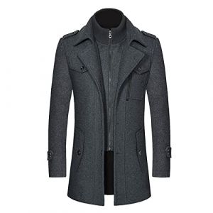 Manteau long 3/4 en laine pour homme - Coupe ajust&eacute;e - Col &agrave; revers - Manteau long en laine avec simple boutonnage - Pour l'hiver - D&eacute;contract&eacute; - Double col, 0B-Gris, XL (OWENMDD, neuf)