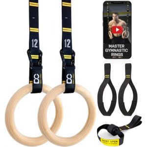 Double Circle Anneaux de Gym en Bois, Sangles Num&eacute;rot&eacute;es Ajustables, Ancrage de Porte, Sangles de Pied et Guide Vid&eacute;os pour Entra&icirc;nement Complet, Calisth&eacute;niques, Gym. (Double Circle - EU, neuf)
