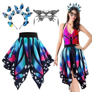 BETESSIN Costume Papillon Femme Adulte pour Festivaliers et Halloween, Jupe Pliss&eacute;e en Polyester, Serre-t&ecirc;te Papillon et Masque en Dentelle, Accessoire de D&eacute;guisement pour F&ecirc;te et Cosplay (ShanDongYuRui, neuf)