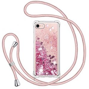 Glitter Liquide Collier Coque pour iPhone 7/8/SE 2020, Glitter Silicone Paillette &Eacute;tui Protection TPU Bumper Flowing Liquide Housse, Bling Transparent Case avec R&eacute;glable Tour de Cordon -Rose (TUUTPU, neuf)