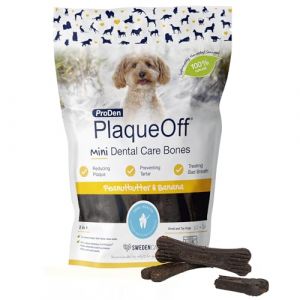 ProDen PlaqueOff 20 Mini Os Dentaires Saveur Beurre de Cacahuète et Banane pour Petits Chiens, Élimine le Tartre, la Plaque et la Mauvaise Haleine, Améliore la Santé Bucco-Dentaire (Swedencare Ireland, neuf)
