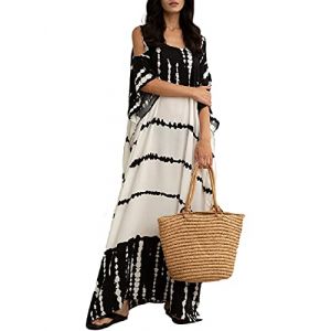 Bsubseach Robe de Plage Caftan Femme Grande Taille Kaftan Maxi Longue Tunique Bohème Boho à épaules Dénudées Djellaba Eté Boubou Kimono Pareo Noir Blanc (Bsubseach-EU, neuf)