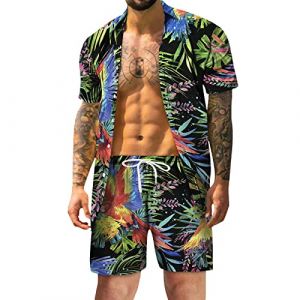 Ensemble chemise et short hawaïen pour homme - Chemise de plage à fleurs tropicales - Tenue d'été hawaïenne à manches courtes - Chemise à fleurs boutonnée - Tenue d'été hawaïenne imprimée, Noir , XL (ZHENGkee, neuf)