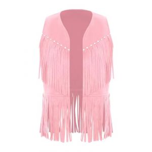 Mufeng D&eacute;guisement Cowboy Enfant Unisexe Gilet de Cowgirl sans Manches Gilet Veste Western &agrave; Franges en Daim Halloween Carnaval Mascarade Rose 9-10 ans (Mufeng EU, neuf)
