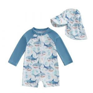 XIXIMAON Maillot de Bain B&eacute;b&eacute; Gar&ccedil;on Anti-UV Combinaison Natation Manches Longues et Chapeau de Bain Ensemble Piscine Plage Plong&eacute;e Surf (Blanc Requins, 4-5 Years) (qiyuesheng, neuf)