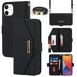 Cavor Coque Compatible avec iPhone 12/12 Pro Etui avec Cordon,Flip Portefeuille Étui Cuir,[5 Porte Cartes][Miroir][Magnétique][Réglable Collier] Housse - Noir (Copmob, neuf)