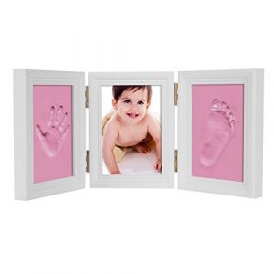 Kit d'empreintes et Moulage Cadre Photo Bebe Empreinte de Main Pied Trois Pliants Cadre Souvenir en Bois Cadeau de Naissance pour Nouveau-n&eacute; Anniversaire No&euml;l Bapt&ecirc;me D&eacute;coration Bureau Chambre Table (QICHENGUK, neuf)