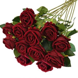 RXKFIGX 12 Pcs Fleurs de Rose Artificielle Vin Rouge Roses en Soie Tige Unique R&eacute;aliste 51 CM Fausses Fleurs de Soie Tige Unique Roses pour Mariage F&ecirc;te Table Jardin H&ocirc;tel Bureau（Vin Rouge (kuyishop, neuf)