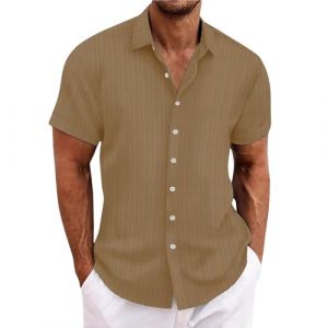 Chemise en lin pour homme - Manches courtes - Chemise en lin - Chemise de loisirs - Coupe droite - Chemise d'été avec col montant - Décontractée - Coupe droite - Chemise rayée, marron, 3XL (runBel, neuf)