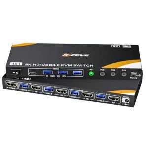 YOUTINGHDAV Commutateur KVM 8K 4 PC 1 Moniteur HDMI 8K@60Hz 4K@144Hz, Commutateur KVM HDMI2.1 USB 3.0 4 Ports pour 4 PC Partage Clavier, Souris, avec 4 C&acirc;bles USB, Adaptateur et T&eacute;l&eacute;commande par C&acirc;ble (YT STORE, neuf)