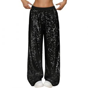 Pantalon de Paillette Femme Pantalons Disco Brillant Jambes Larges Pantalons Taille Basse R&eacute;tro D&eacute;contract&eacute; Cocktail Pantalon de Soir&eacute;e Clubwear Femmes Soir&eacute;es Danse Hip Hop Jazz Pants (Black, M) (thatlo, neuf)