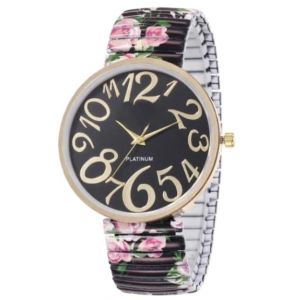 ALCENTIS Nouveaut&eacute; Montre Femme analogique Gros Chiffres - Moderne et Tendance - Look Bracelet Fleuri Acier Extensible (Bracelet Noir Fleuri - Cadran Noir) (Boutique Online France, neuf)
