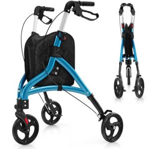 RELAX4LIFE Déambulateur 3 Roues Pliable Léger, Rollator 3 Roues Tout Terrain, Déambulateur Extérieur/Intérieur en Aluminium 5 KG, Portable, Poignée 86-96 CM, Panier, pour Adulte (Bleu) (RELAX4LIFE, neuf)