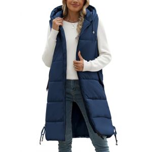Tuopuda Doudoune sans Manche Femme, Veste Longue sans Manche Manteau sans Manche Automne Hiver Chaud Gilet sans Manche &agrave; Capuche Zipp&eacute;e Hooded Coat Matelass&eacute; L&eacute;g&egrave;re Waistcoat, Marine, S (GHF-Direct, neuf)