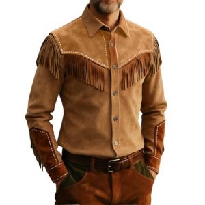 Generisch Veste western pour homme - Veste de cowboy traditionnelle - Manteau en daim synth&eacute;tique avec franges - Veste d'ext&eacute;rieur &agrave; manches longues - Veste &agrave; franges - Chemise boutonn&eacute;e - Carnaval (GXWloe, neuf)