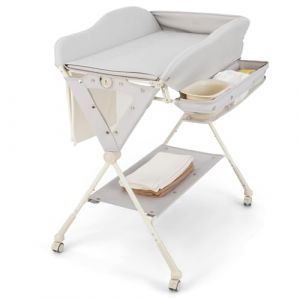 DREAMADE Table à Langer Bébé Pliante,Commode à Langer avec Baignoire,4 Roues Verrouillables,3 Hauteurs Réglables,Panier de Rangement,Ceinture de Sécurité (Gris Clair) (DREAMADE, neuf)