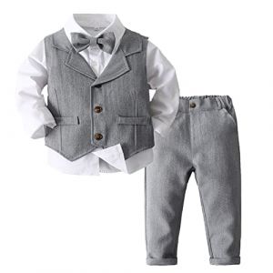 Aislor Costume de Bapt&ecirc;me Gentleman Enfant Garcon Fille Chemise Blanc + Cravate Fleuri +Gilet + Pantalon Garcon Tenu Formel Manche Longue 4 Pi&egrave;ces 12Mois-8 Ans Gris 2-3 Ans (Aislor EU, neuf)