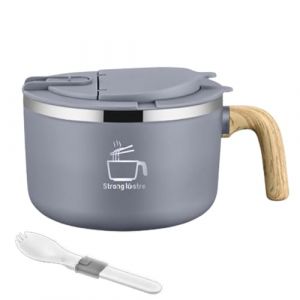 Tuzsocr Bol à ramen en acier inoxydable,Bols de Nouilles Instantanées(1200ML),Bol à Soupe avec Couvercle,Bol Pâtes avec Cuillère Pliante,Poignée en Grain de Bois,pour Ramen Japonais Udon Soba (Gris) (ZRY., neuf)
