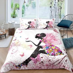 ZZTBQ Filles Papillon Fée Housse de Couette pour Chambre d'enfant 1 Personne 90x190/65x65 (2 Piece) Lit Enfant Mignon Floral Rose Fleur Papillon Parure de lit pour Lit Enfant (ZZTBQ, neuf)
