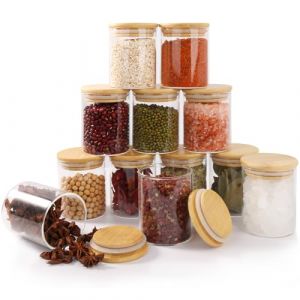FoiiLiio 12 Bocaux à Épices Ronds en verre 200 ml avec couvercle en Bambou, RéCipient à ÉPices, Ensemble de Pots à ÉPices, Boite a Epices Cuisine Rangement avec Étiquettes Vierges (AVOGERS, neuf)