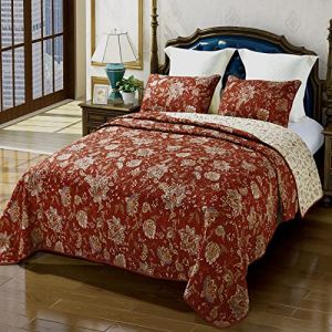 Qucover Couvre-lit Matelassé 2 Personnes, Boutis Couvre-lit 260x280cm en 100% Coton Doux et Confortable avec 2 Taies d'oreiller 50x75cm, Couvre-lit Rouge Design Réversible en Motif Floral de Elégant (Oroyal Decor, neuf)