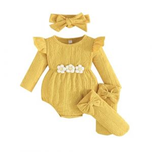Kunyeah Lot de 3 tenues pour b&eacute;b&eacute; fille - Body &agrave; manches longues + bandeau n&oelig;ud + chaussettes Combinaison pour nouveau-n&eacute; &agrave; fleurs (Jaune, 12-18 Mois) (Kunyeah, neuf)