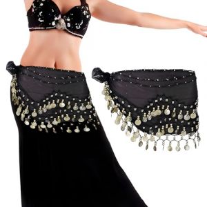 Foulard Danseuse Orientale, 1Pcs Ceinture Foulard de Danse Orientale, Ceinture de Costume de Danse du Ventre Suspendue en Mousseline pour Femmes avec 128 pi&egrave;ces d'or pour F&ecirc;te (Noir) (cailiya, neuf)