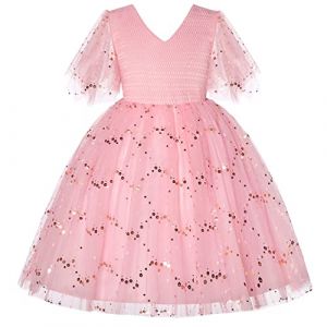BUNNY LULU Robe pour Filles &agrave; &eacute;paule inclin&eacute;e pour Demoiselle d'honneur, Princesse de Mariage, n&oelig;ud d'anniversaire pour Enfants, soir&eacute;e de Bal de f&ecirc;te de Boule (Rose,3-4Ans) (Bunny LuLu Store, neuf)